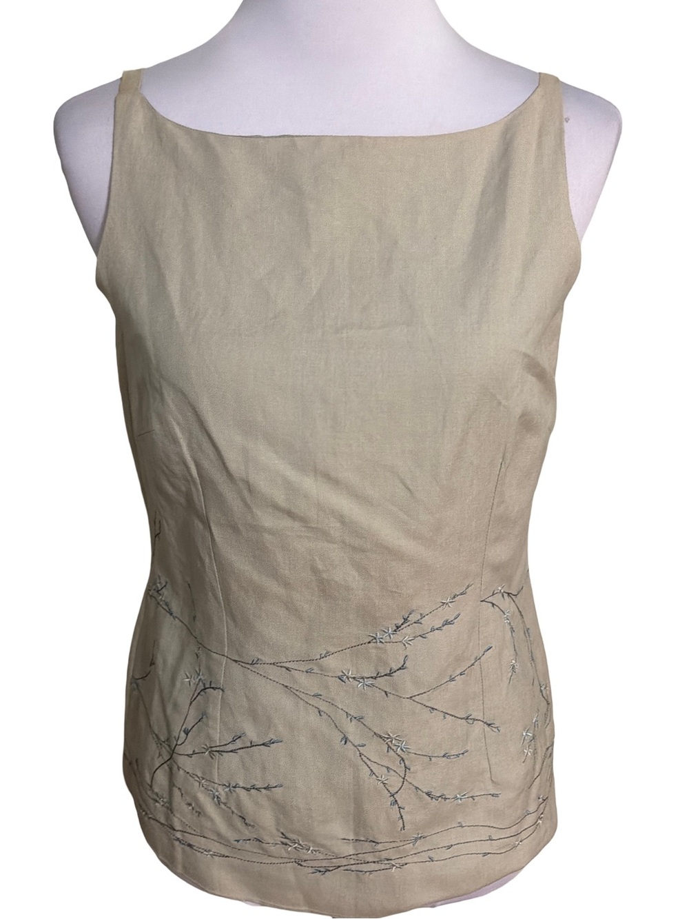 Jennifer Eden Sage Green Embroidered Linen Blend Square Neck Shell Top